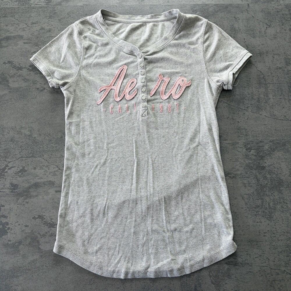 Y2K Aeropostale Henley Ribbed Cap Sleeve Baby Tee Gray Embroidered Womens XL